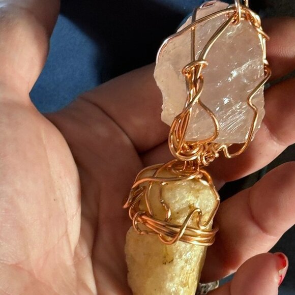 White Milky Quartz Rose Quartz Pendant Necklace Unisex Leather Gift Copper Wrap